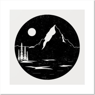 Night-sky Monochrome Mountain Illustration Posters and Art